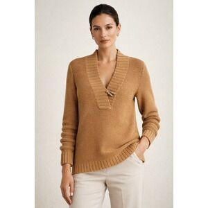 Lauren Ralph Lauren Camel Chunky Toggle V-Neck Sweater Heritage Equestrian M